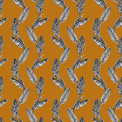 Watercolor hand painted exotic botany banana leaves illustration seamless pattern on mustard colored background