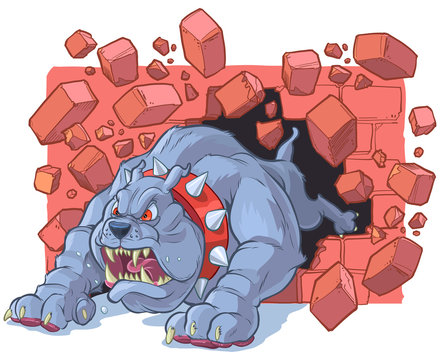 Angry Cartoon Bulldog Mascot Crashing Through Brick Wall