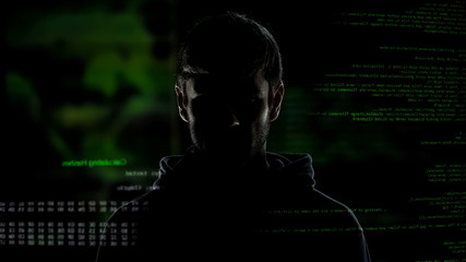 Anonymous internet male hacker with numbers and codes illustration background