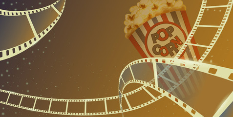 Film strip frame with pop corn box isolated on brown background. Closeup view for design layout cinema festival banner. Template cinema with space for your text. Vector 3d isometric style. EPS 10.