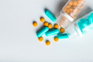 Assorted pharmaceutical medicine pills, tablets and capsules.Pills background.