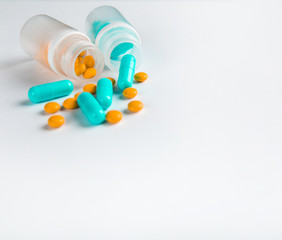 Assorted pharmaceutical medicine pills, tablets and capsules.Pills background.