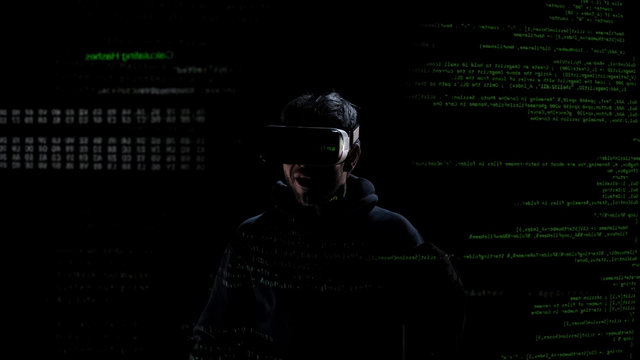 Male in black excited by virtual reality headset, future technology, innovations