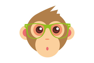 Cool Monkey in green glasses. Cute monkey face isolated. Wild animal funny illustration. Education or business logo. Monkey vector portrait