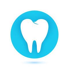White Tooth icon in flat design with long shadow. Vector illustration. Simple Tooth icon on blue round button