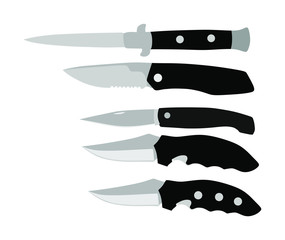 Hunting knives vector collection. Military knife vector illustration isolated on white background. Slice symbol. Aggressive survivor tool. Dirk sign. Bayonet vector. Kitchen tool. Cooking equipment.