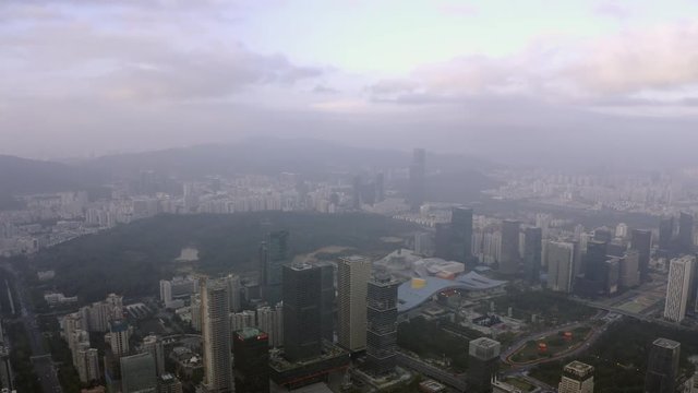 Ping An International Finance Centre,Drone shoot of cityscape in Shenzhen,China.Various buildings standing under cloudy sky.Skyscrapers soar into the clouds.