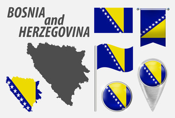 Bosnia and Herzegovina. Set of symbols in colational flag on various objects isolated on white background. Flag, pointer, button, waving and hanging flag, detailed outline map and country inside flag.