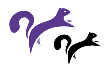 Two vector colorful squirrels isolated on white background. Logo set of two squirrels in violet and black colors.
