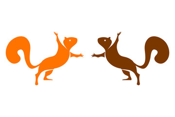 Two vector colorful squirrels isolated on white background.  Logo set of two squirrels in orange and brown colors.