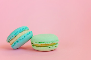 Sweet almond colorful unicorn blue green macaron or macaroon dessert cake isolated on trendy pink pastel background. French sweet cookie. Minimal food bakery concept. Copy space