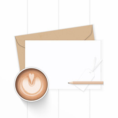 Flat lay top view elegant white composition letter kraft paper envelope pencil and coffee on wooden background