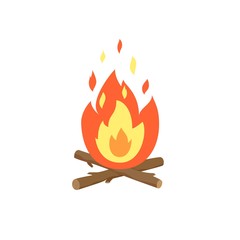 Bonfire burning flame icon. Fire wood and campfire cartoon flat vector illustration. Icon isolated on white background for web, print, decoration.