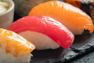 Sushi set of salmon, tuna and smoked eel.
