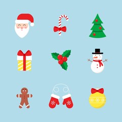 Set of cute winter flat icons for celebration of New year, Christmas, season holiday. Santa Claus, Christmas tree, mittens, candy cane, gift, snowman, Christmas star plant, ball, gingerbread. Vector.