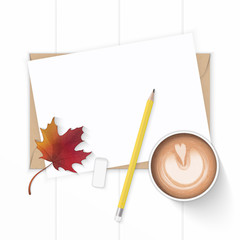 Flat lay top view elegant white composition paper kraft envelope pencil eraser autumn maple leaf and coffee on wooden background