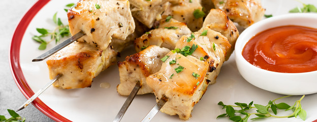 Grilled meat skewers, chicken shish kebab, banner