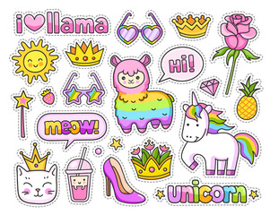Cute rainbow llama, magic unicorn, cat, crown, rose and pineapple. Cartoon style. Colorful stickers, pins and patches. Vector illustration