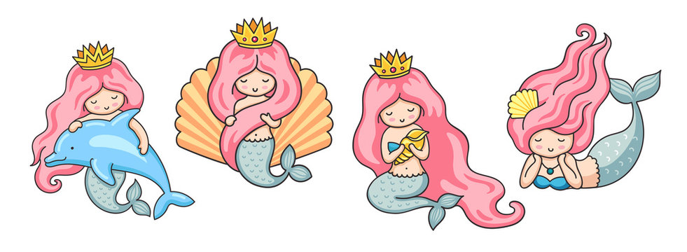 Set of beautiful mermaids with pink hair. Vector illustrations.
