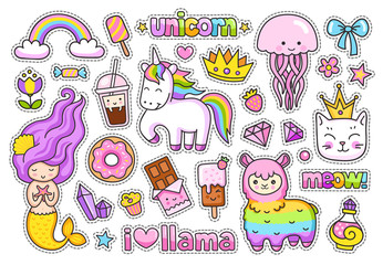 Big stickers pack. Kawaii little mermaid, llama, cat, rainbow magic unicorn, jellyfish, ice cream and crown. Set of cute cartoon characters. © Anastasia