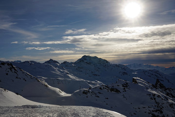 Val Thorens, France - March 3, 2019: Val Thorens slope in French Savoie at sunset
