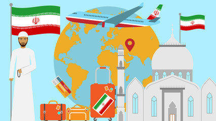 Welcome to Iran postcard. Travel and journey concept of Islamic country vector illustration with national flag of Iran