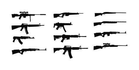 Collection of rifle vector silhouette illustration isolated on white background. Sniper rifle symbol silhouette, semi automatic, carbine. Army and police weapons. Shotgun and guns set. Powerful deadly