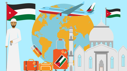 Welcome to Jordan postcard. Travel and journey concept of Islamic country vector illustration with national flag of Jordan