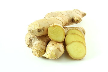 Fresh ginger root and ginger slice isolated on white background