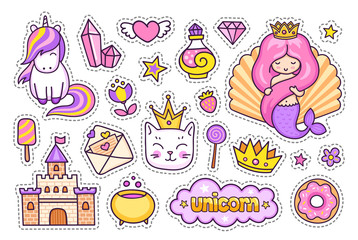 Mermaid with pink hair, magic unicorn, kitten, castle, golden crown. Set of cartoon stickers, patches, badges, pins and prints for kids and children. Doodle style. Vector illustration