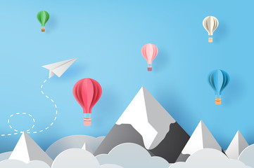 3D Paper art and craft of white paper airplanes flying and balloons on blue sky and clouds, Creative design paper cut airplanes for business success concept idea,pastel color,Vector illustration