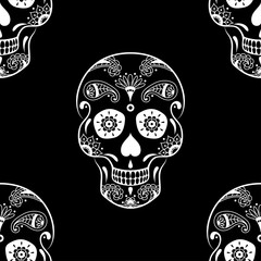 Vector seamless pattern of white sugar skull with floral ethnic ornament on black background. Illustration for Mexican Day of the Dead