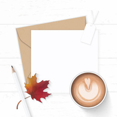 Flat lay top view elegant white composition letter kraft paper envelope pencil tag autumn maple leaf and coffee on wooden background