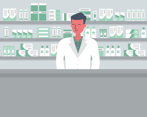 Web banner of a pharmacist. Young man in the workplace in a pharmacy: standing in front of shelves with medicines. Vector flat illustration