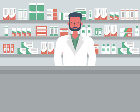 Web banner of a pharmacist. Young man in the workplace in a pharmacy: standing in front of shelves with medicines. Vector flat illustration