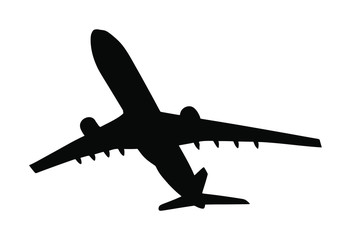 Airplane vector silhouette illustration isolated on white background. Jet plane leaves airport symbol. Aircraft go to destination. Plane shadow. 