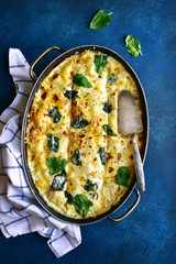 Homemade delicious chicken mushroom spinach lasagna in a baking dish.Top view with copy space.