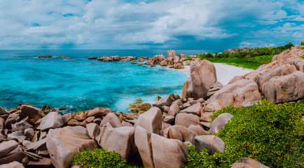 Tropical island panorama, trail to hidden secret beautiful beach, Anse Marron, La Digue, Seychelles