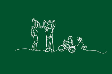 illustration Happy family have fun with continuous white line drawing style,Draw white line of Children playing in garden park,Creative Simple lines idea family ecology environment