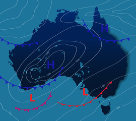 Weather map of the Australia. Meteorological forecast on a dark background. Editable vector illustration of a generic weather map showing isobars and weather fronts. - obrazy, fototapety, plakaty