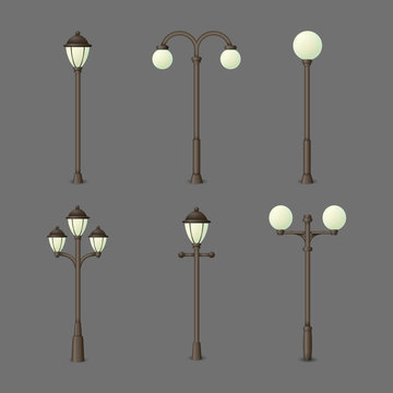 Set of vintage gas or electric street lamps. Outdoor lights isolated on a gray background. Collection of vector urban icons.