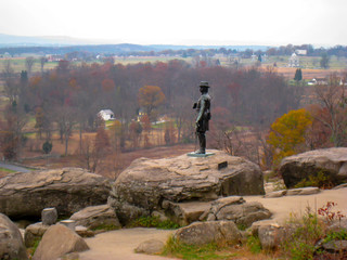 Statue of General Warren along Little Round Top, Gettysburg, PA. Major General Gouverneur Kemble Warren is considered the hero of Little Round Top during the Battle of Gettysburg in July 1863.