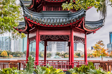 ORLANDO, FLORIDA, USA - DECEMBER, 2018: Beautiful Chinese Bodega at Lake Eola Park in Autumn Season, Downtown Orlando.