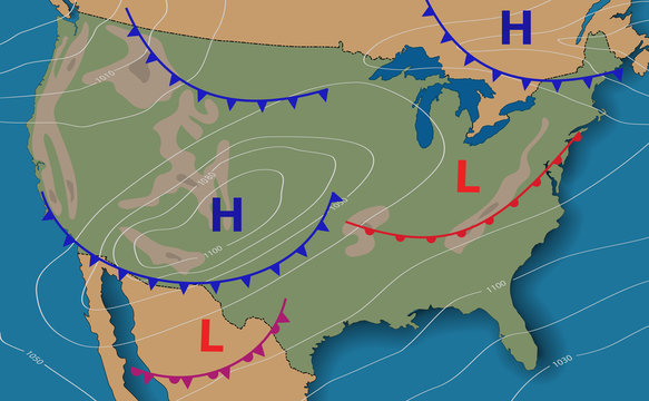 Weather Forecast. Meteorological Weather Map Of The United State Of America. Realistic Synoptic Map USA With Aditable Generic Map Showing Isobars And Weather Fronts. Topography And Physical Map.