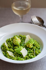 Green pea risotto with romanesco cauliflower