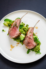 Lamb chops with green pea risotto