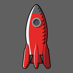 Red rocket black outline with flame on gray background. Sign, symbol, icon. Stock vector illustration.