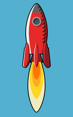 Red rocket black outline with flame on blue background. Sign, symbol, icon. Stock vector illustration.