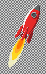Red rocket and fire on a transparent background. Sign, symbol, icon. Stock vector illustration.