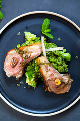 Lamb chops with green pea risotto